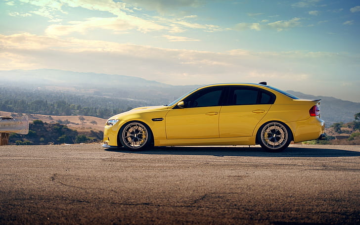BMW M3 sedán amarillo, amarillo sedán, BMW, amarillo, Fondo de pantalla HD