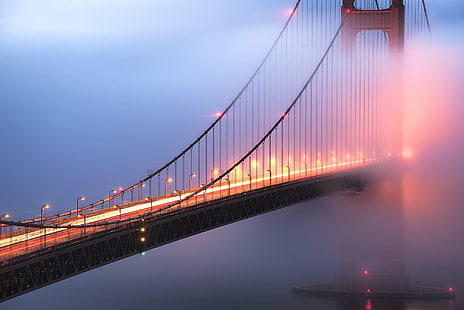 Most Brookliński ze światłami i fotografią mgły, Love You, Brooklyn bridge, światła, fotografia, Fog, Low, Kart, karl, San Francisco Golden Gate, Golden Gate Bridge, most - sztuczna konstrukcja, most wiszący, słynne miejsce, architektura, noc , USA, pejzaż miejski, zmierzch, Tapety HD HD wallpaper
