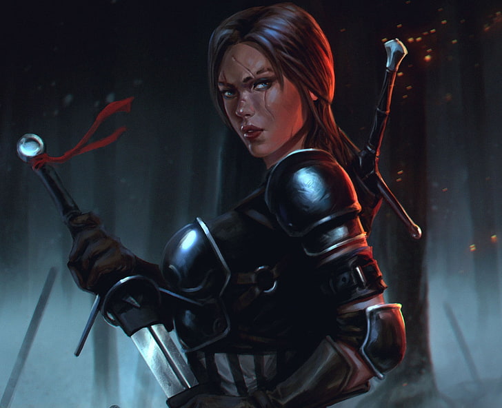 woman fictional character wallpaper, girl, sword, art, armor, scar, Witcher 3, HD wallpaper