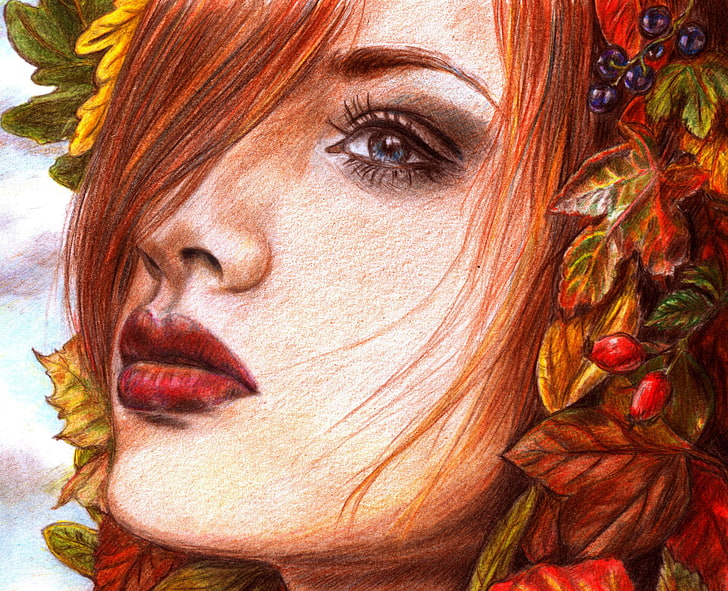 эскиз женского лица с листвой, взгляд, листья, девушка, лицо, ягоды, волосы, макияж, живопись, красные губы, HD обои