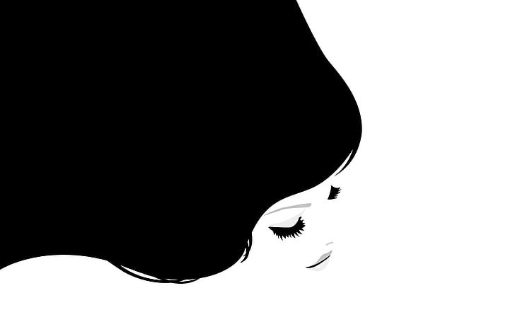 검은 머리 여자 디지털 벽지, 소녀, 머리, 빛, 검정, 흰색, HD 배경 화면