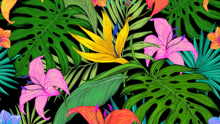 flower, flora, leaf, pattern, colorful, floristry, drawing, HD wallpaper