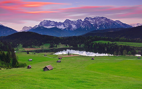 Германия Бавария пейзаж, горы Альпы, лес, трава, дома, озеро, Германия, Бавария, пейзаж, горы, Альпы, лес, трава, дома, озеро, HD обои HD wallpaper