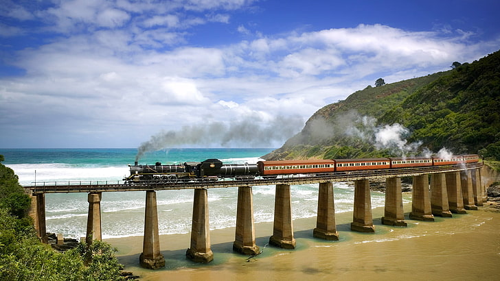 kereta lokomotif merah dan hitam, laut, jembatan, mesin, kereta api, Wallpaper HD
