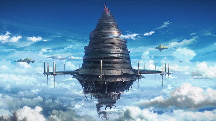 сив космически кораб, облаци, фентъзи изкуство, Sword Art Online, HD тапет
