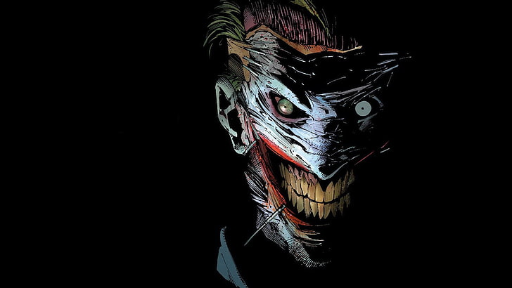 Ilustracja Jokera, bez tytułu, Joker, blizny, DC Comics, maska, komiksy, czarne tło, grafika, Tapety HD