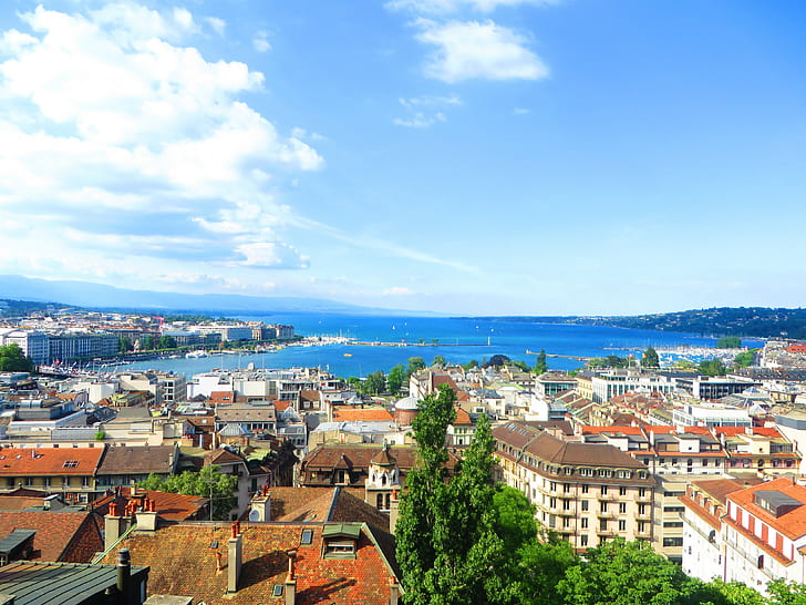 Швейцария, Женева, град, градски пейзаж, покриви, езеро, HD тапет