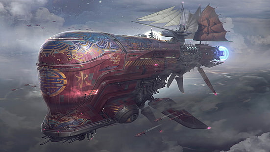  fantasy, airship, science fiction, clouds, sci-fi, cyberpunk, digital art, artwork, fantasy art, Steampunk, sails, futuristic, HD wallpaper HD wallpaper