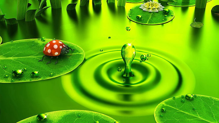Червена калинка на зелено листо Езеро Зелена вода Digital Artt 3d Wallpaper Hd 3840 × 2160, HD тапет