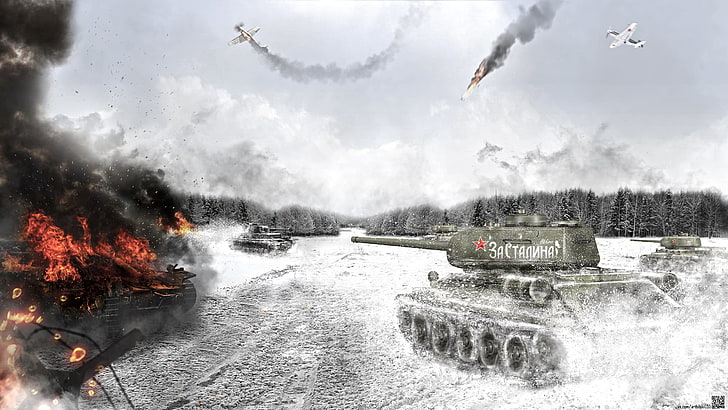 دبابة عسكرية رمادية ، دخان ، فن ، دبابة ، T-34-85 ، دبابة سوفيتية ، رعد حرب، خلفية HD