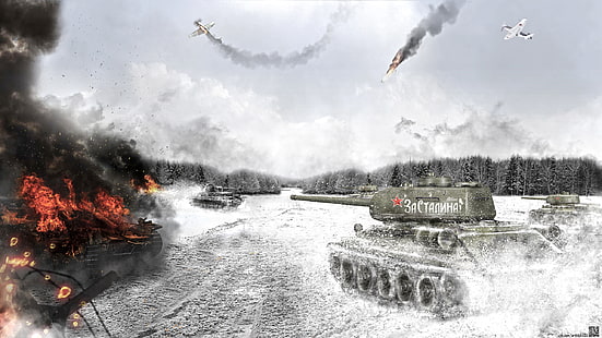 灰色の軍事戦車、煙、芸術、戦車、T-34-85、ソビエト戦車、戦争雷、 HDデスクトップの壁紙 HD wallpaper