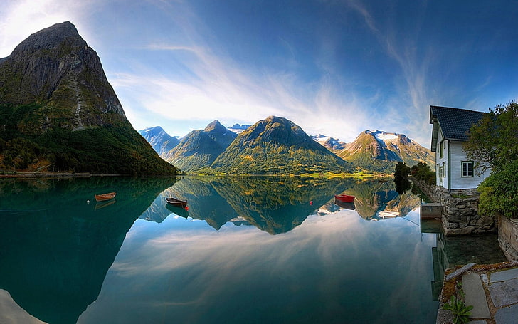 تلال خضراء ، كابينة ، بحيرة ، مياه ، النرويج ، جبال ، منزل ، انعكاس، خلفية HD