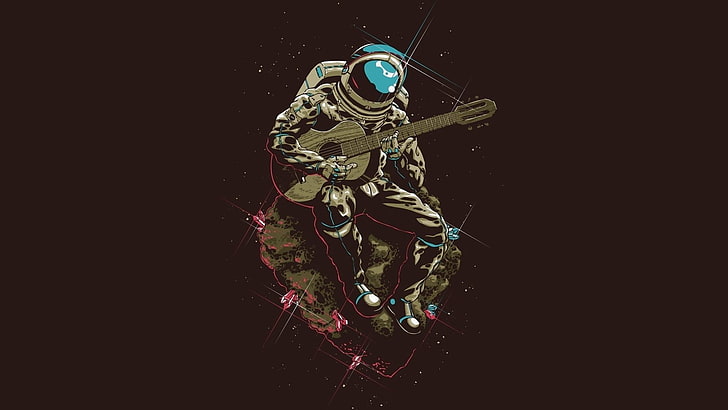 homem tocando guitarra, artwork, astronauta, violão, minimalismo, HD papel de parede