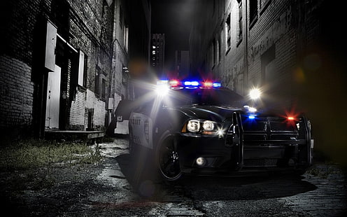 siyah Dodge polis arabası, polis arabaları, polis, Dodge Charger, HD masaüstü duvar kağıdı HD wallpaper