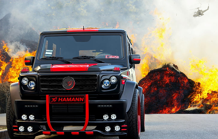 black and red Mercedes-Benz G wagon, background, tuning, SUV, Hamann, G55 AMG, black and red, Mercedes Benz, HD wallpaper