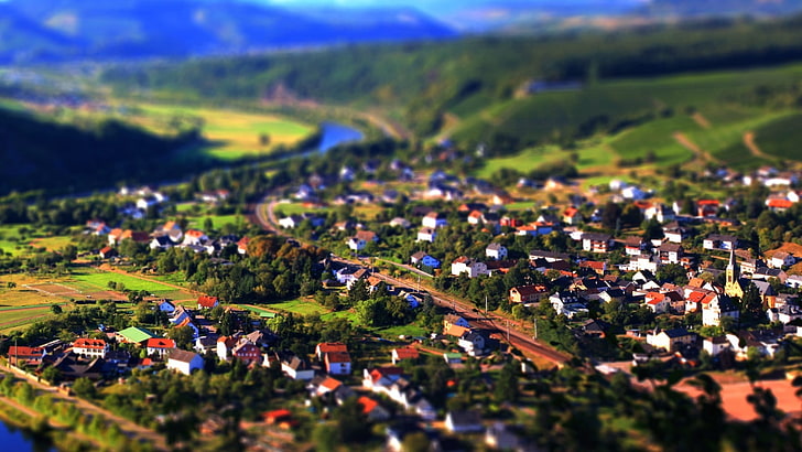 arbres à feuilles, vue aérienne du village, paysage, tilt shift, ville, Fond d'écran HD
