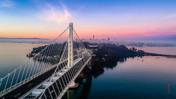 San Francisco, zatoka San Francisco, most San Francisco-Oakland Bay, wschód słońca, Tapety HD