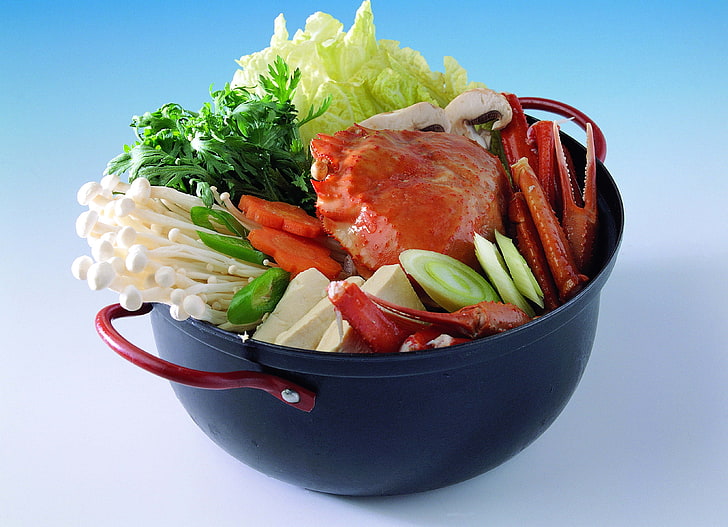 bowl of vegetable, food, vegetables, herbs, mushrooms, crab, pot, HD wallpaper