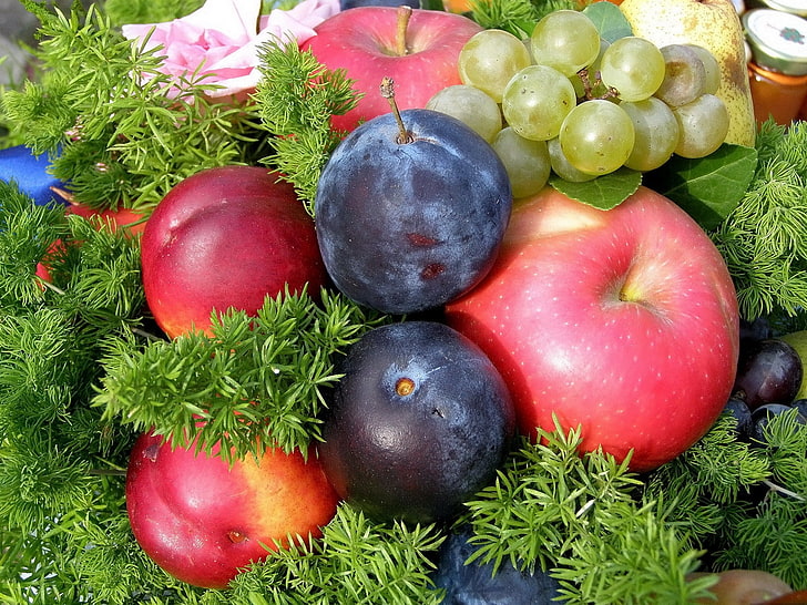 jabłka, śliwki, owoce, trawa, Tapety HD