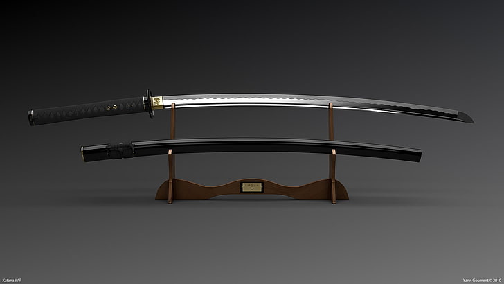 pedang katana abu-abu dengan sarung dan dudukan, katana, Wallpaper HD