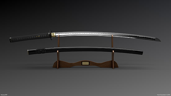 серый катана меч с ножнами и подставкой, катана, HD обои HD wallpaper