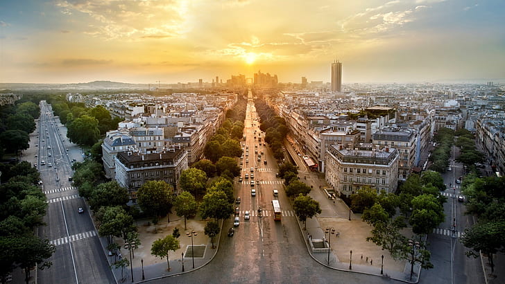 Paris, Frankrike, stadspanorama, kväll, solnedgång, hus, vägar, bilar, Paris, Frankrike, stad, panorama, kväll, solnedgång, hus, vägar, HD tapet