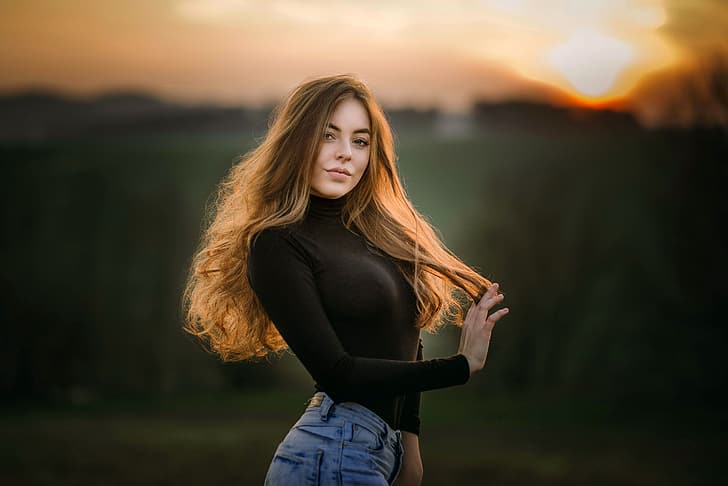look, sunset, background, model, portrait, jeans, makeup, figure, hairstyle, blouse, is, redhead, posing, bokeh, Clare, Jiri Tulach, HD wallpaper