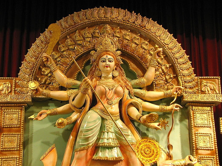 Красивая статуя Дурга Пуджа, керамическая статуэтка индуистского бога, Фестивали / праздники, Навратри, фестиваль, праздник, HD обои