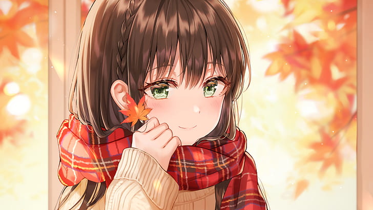 Anime, Original, Brown Hair, Fall, Girl, Green Eyes, HD wallpaper