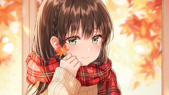 Аниме, оригинал, каштановые волосы, осень, девушка, зеленые глаза, HD обои HD wallpaper