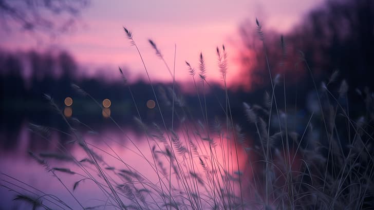 grass, bokeh, purple, pink, lake, HD wallpaper