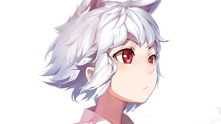 gray haired woman illustration, red eyes, Touhou, white hair, white background, Inubashiri Momiji, animal ears, short hair, Okamimimi, HD wallpaper