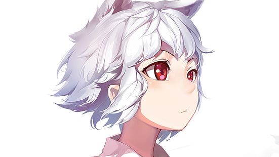 illustration de la femme aux cheveux grise, yeux rouges, Touhou, cheveux blancs, fond blanc, Inubashiri Momiji, oreilles animal, cheveux courts, Okamimimi, Fond d'écran HD HD wallpaper