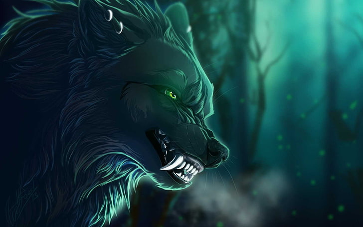 обои серый волк, волк, произведение искусства, тварь, зеленые глаза, зубы, фэнтези арт, HD обои