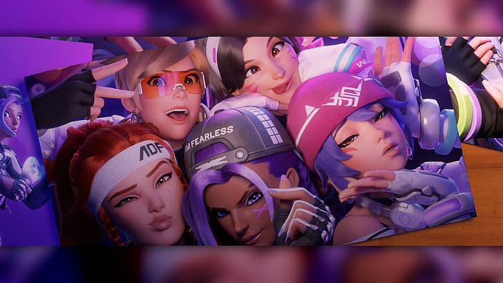 Activision, Blizzard Entertainment, Overwatch, D.Va (Overwatch), Brigitte (Overwatch), Tracer (Overwatch), Kiriko (Overwatch), Sombra (Overwatch), CGI, video game art, collage, photoshopped, 4K, HD wallpaper
