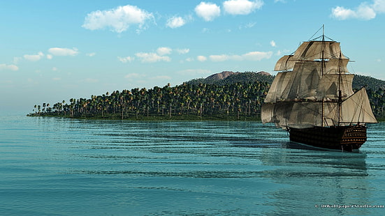 остров, лодка, парусник, 1920x1080, 4к фото, HD обои HD wallpaper