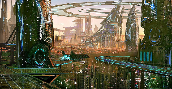 futuristisk stad, science fiction, konstverk, digital konst, HD tapet