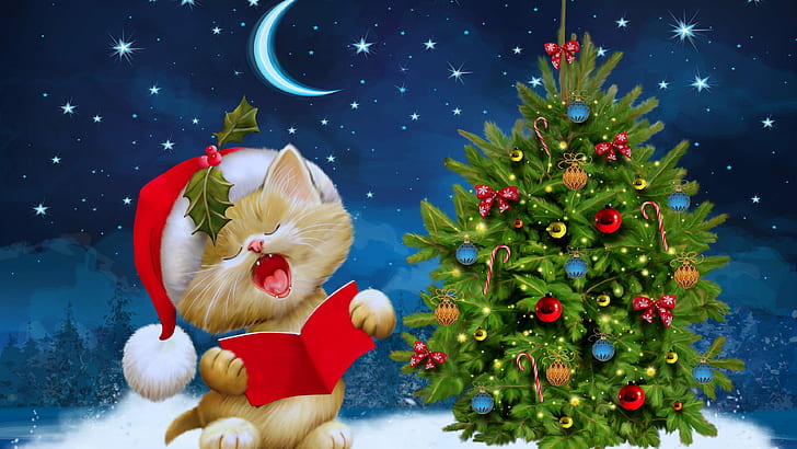 Carte de voeux de Noël avec arbre de Noël chaton avec décorations 3840 × 2160, Fond d'écran HD