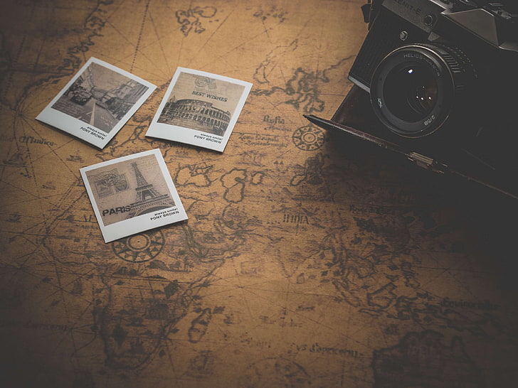 camera, map, photographs, photography, photos, picture, table, travel, vintage, HD wallpaper