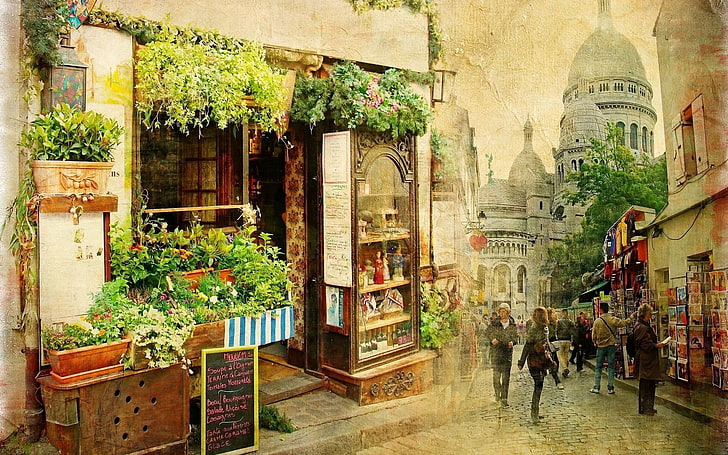 facciata del negozio bianco, vintage, Sacre-Coeur, Parigi, Francia, Montmartre, città, strada, Sfondo HD