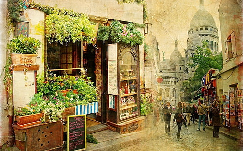 white store facade, vintage, Sacre-Coeur, Paris, France, Montmartre, city, street, HD wallpaper HD wallpaper