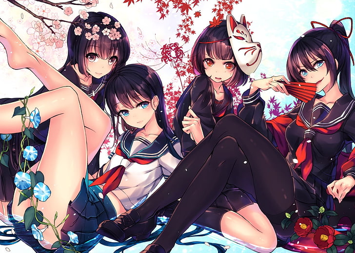 empat karakter anime wanita, karakter asli, gadis anime, seragam sekolah, bunga, topeng, setinggi lutut, air, Wallpaper HD