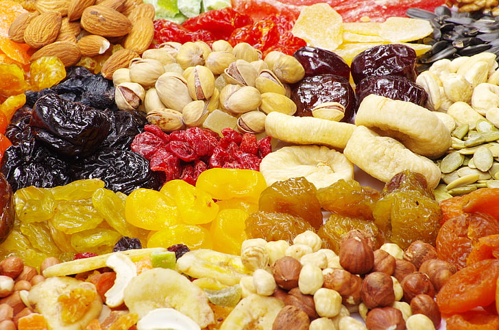 assorted dried fruits, heap, dried fruit, candied fruit, nuts, HD wallpaper