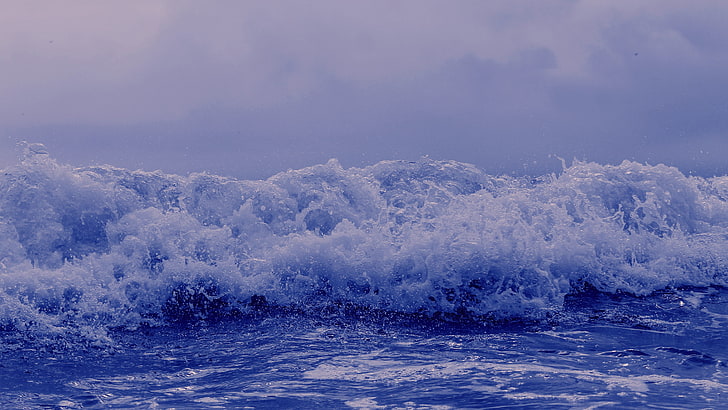 water waves, water, sea, waves, nature, blue, white, sky, clouds, foam, HD wallpaper