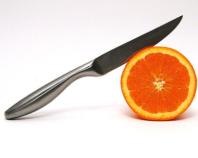 nóż ze stali nierdzewnej i owoc pomarańczy, pomarańcza, plasterek, nóż, Tapety HD HD wallpaper