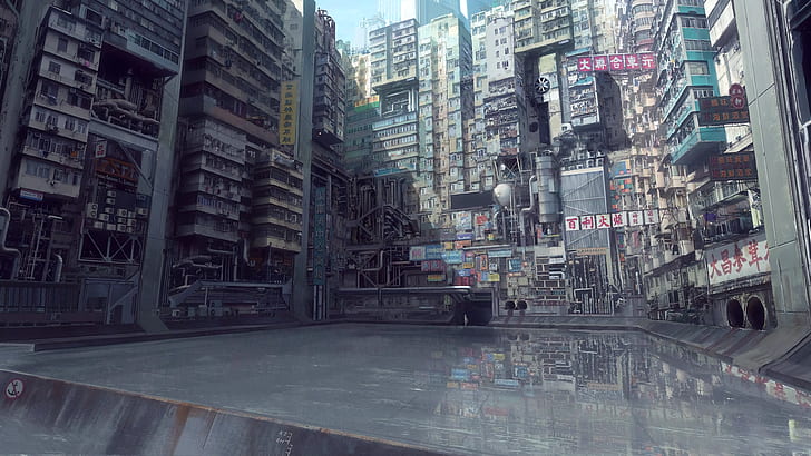Geist in der Muschel, digitale Kunst, städtisch, Stadt, Wasser, Anime, Japan, HD-Hintergrundbild
