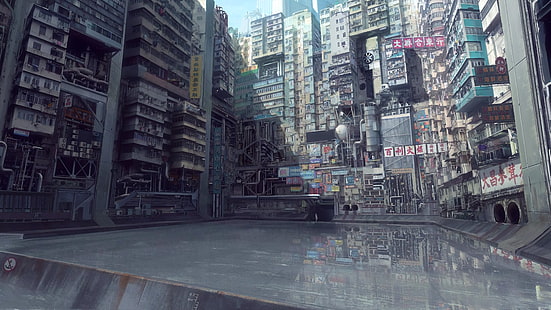 Geist in der Muschel, digitale Kunst, städtisch, Stadt, Wasser, Anime, Japan, HD-Hintergrundbild HD wallpaper