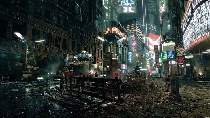 brązowe ogrodzenie z desek, pejzaż miejski, futurystyczny, Blade Runner, Tapety HD
