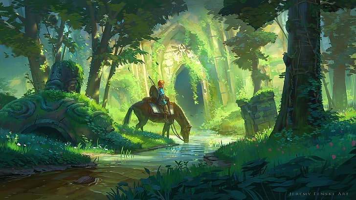 The Legend of Zelda: Breath of the Wild, botw, The Legend of Zelda, Link, horse, forest, stream, water, digital painting, HD wallpaper