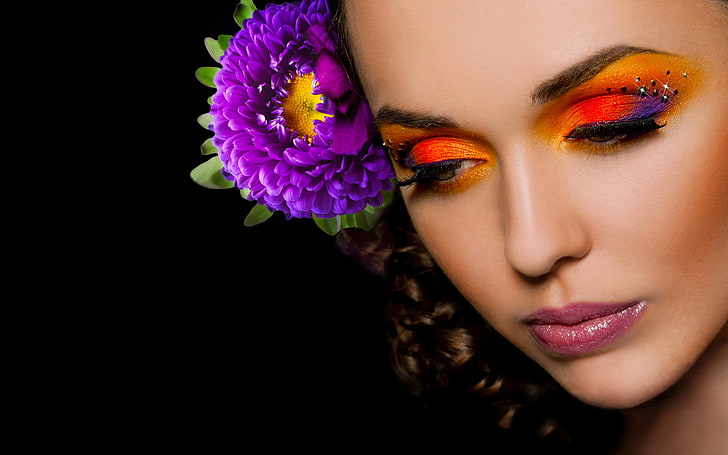 امرأة سمراء ، ظلال ، أحمر شفاه وردي ، زهور ، وجه ، عيون خضراء، خلفية HD